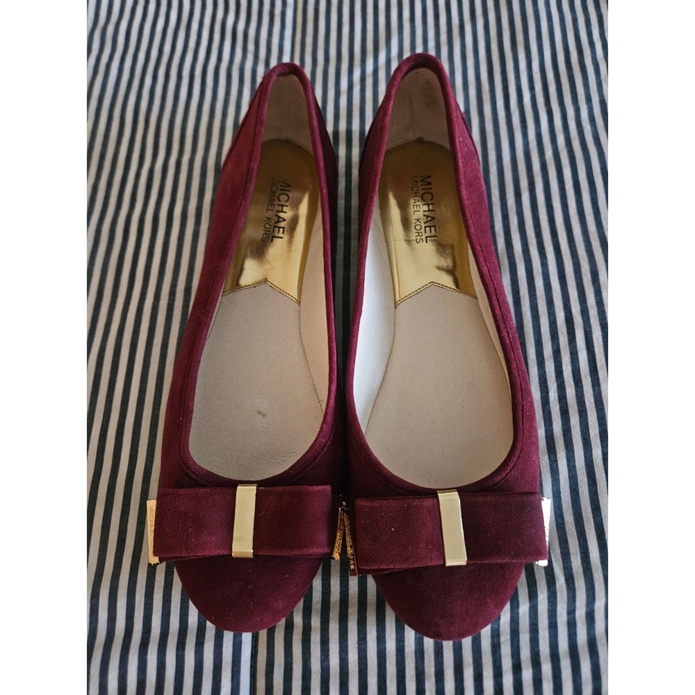 Michael Kors Fulton Ballet Flats Womens 8.5 Burgundy Suede Gold Bow Excellent